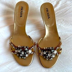 Vintage Pre-loved Prada gold beaded kitten heels size 38.5 EU Women’s